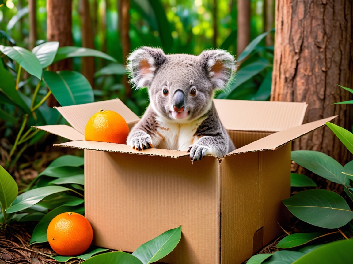 Koala in Cardboard Box Surrounded by Greenery and Oranges