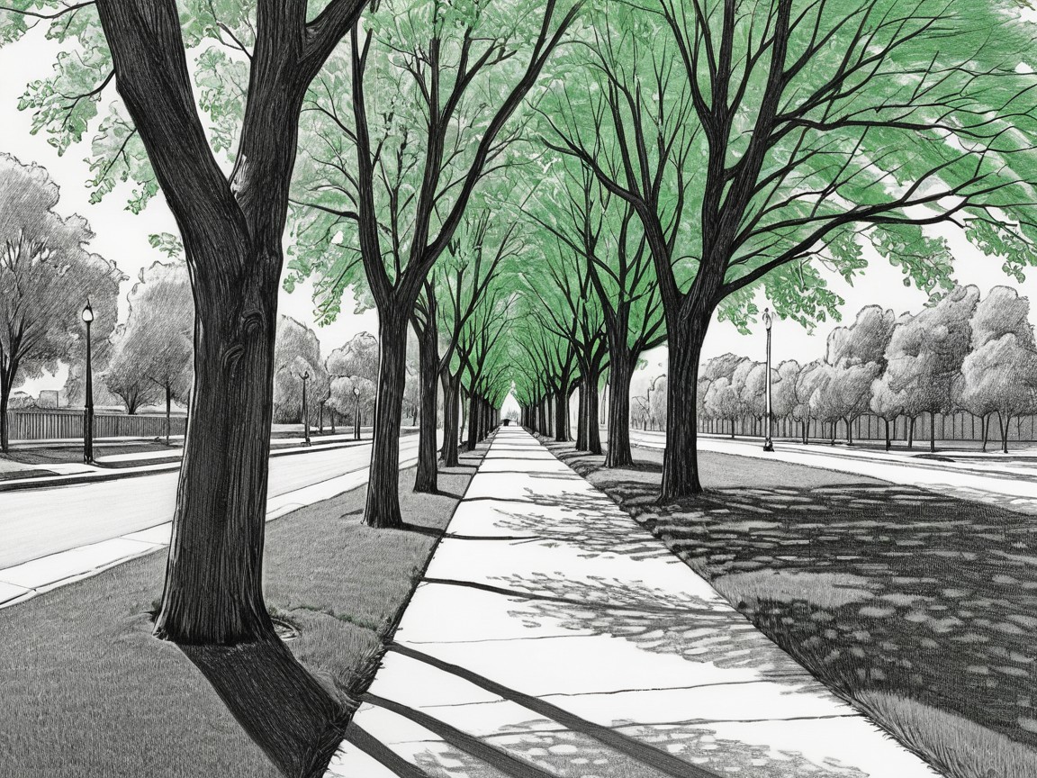 Tree-Lined Avenue with Leafy Trees and Shadows