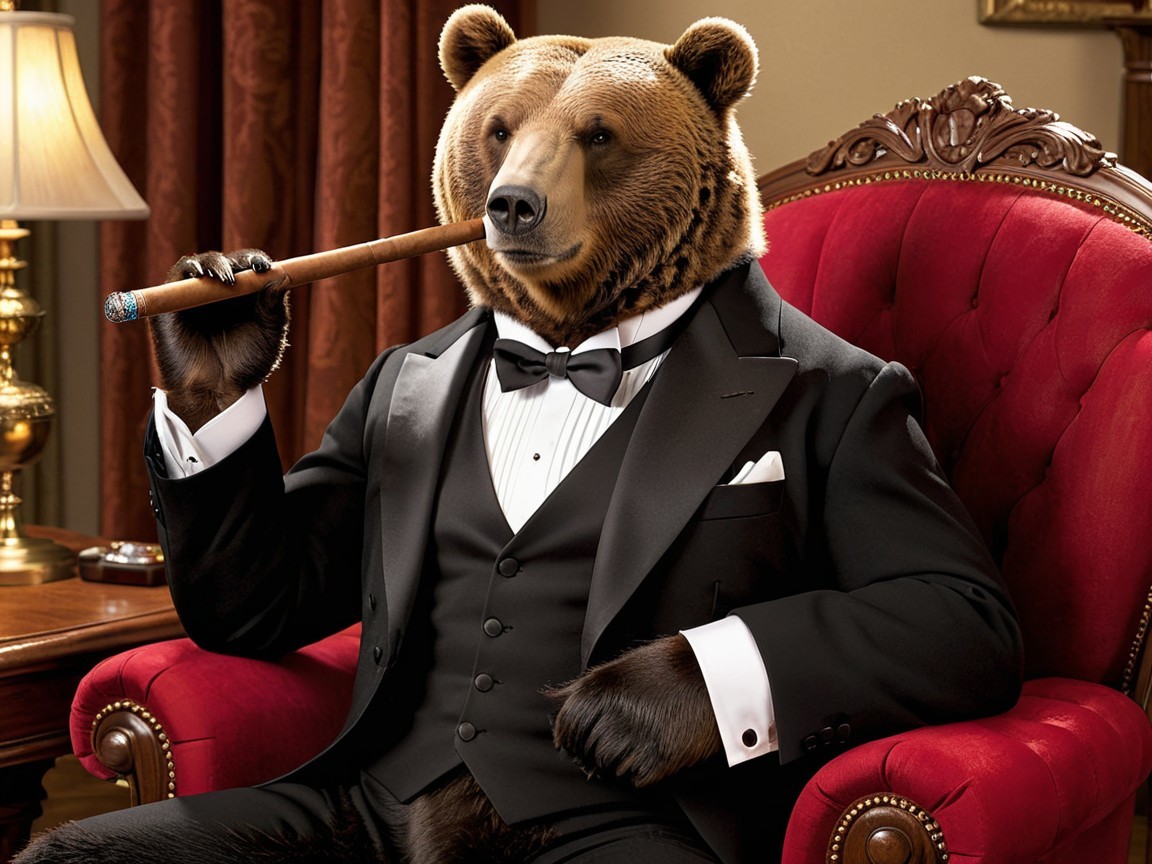 Sophisticated Brown Bear in Tuxedo and Armchair