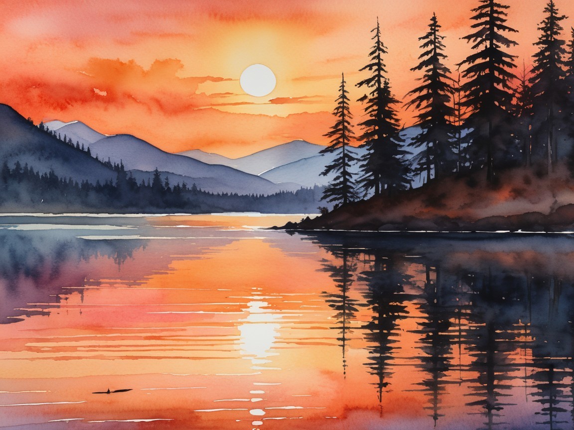 Watercolor Landscape of Serene Lake at Sunset