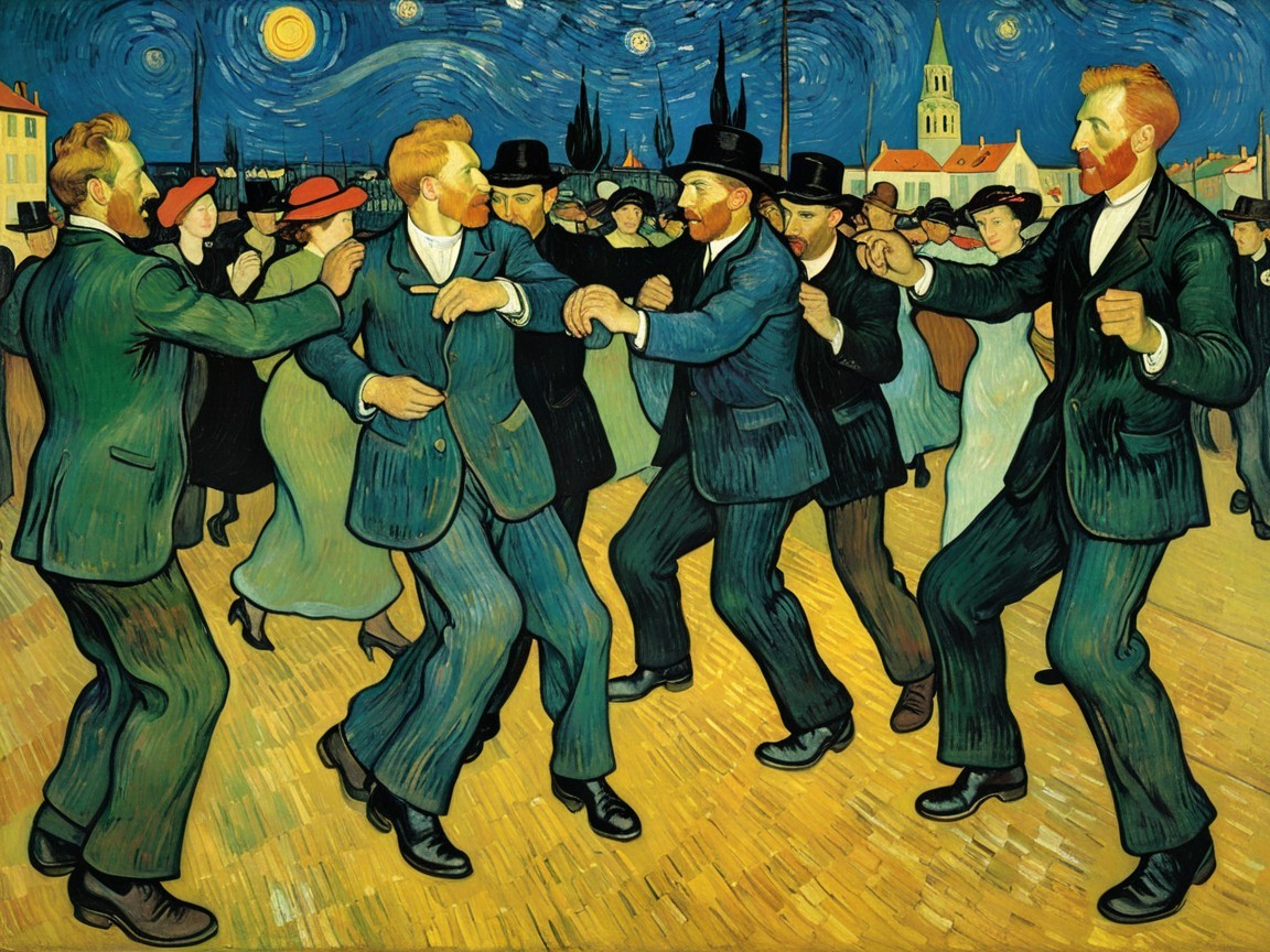 Lively Night Scene with Dancing Men and Vibrant Sky