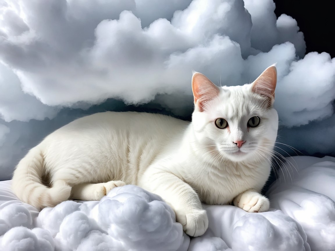 Fluffy White Cat on Soft Cloud-Like Surface
