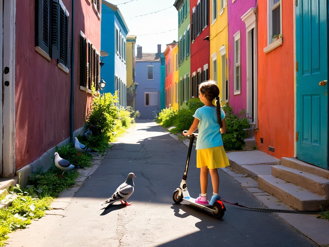 Young girl riding scooter in colorful alleyway scene