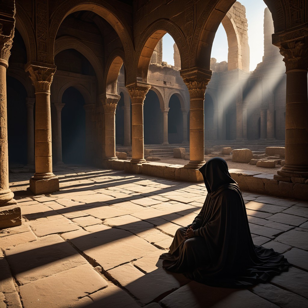 Cloaked Figure Meditating in Ancient Architectural Space