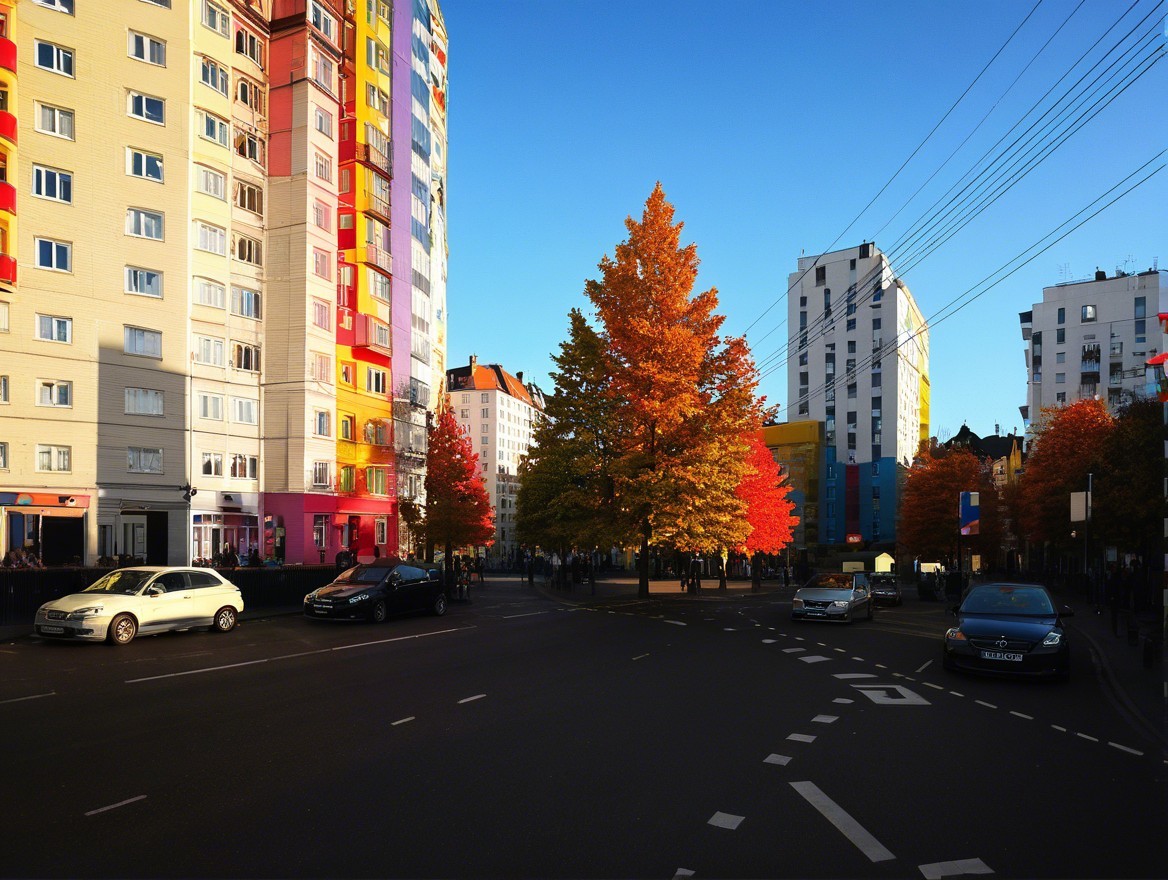 Vibrant Urban Scene with Colorful Buildings and Trees