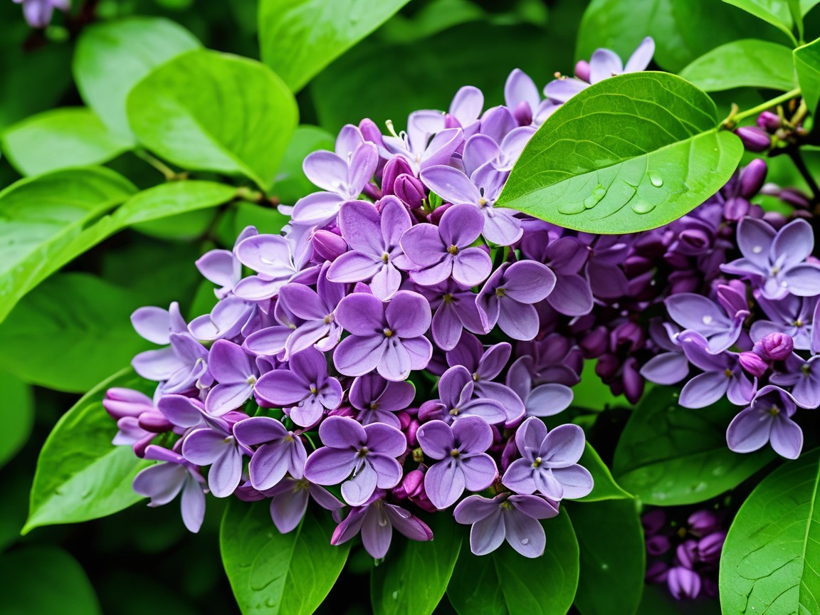 Vibrant Lilac Flowers Surrounded by Lush Green Leaves