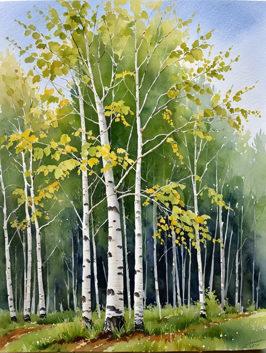 Watercolor Forest Scene with Birch Trees and Autumn Hues