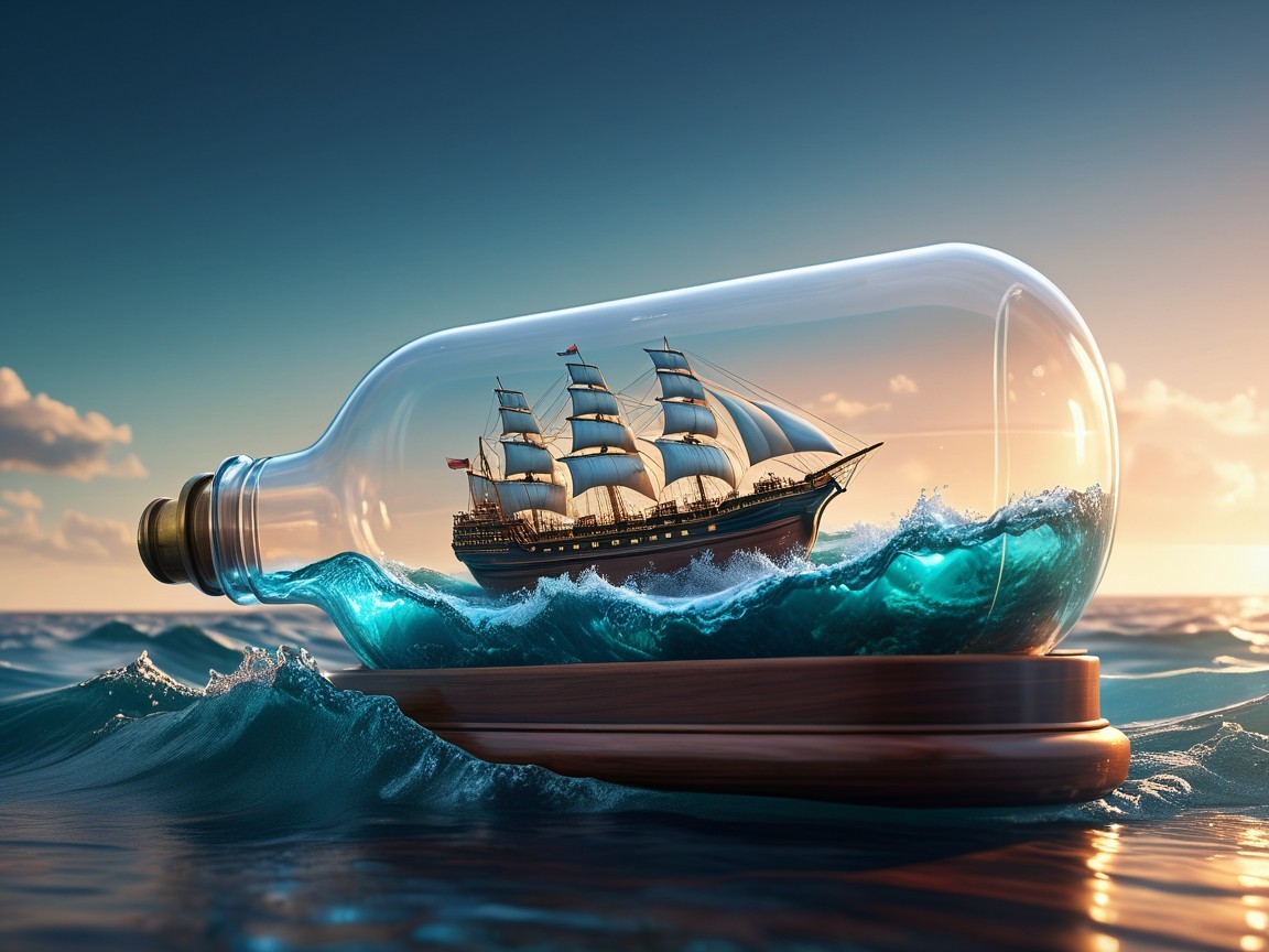 Ship in Bottle with Dynamic Waves and Sunset Sky