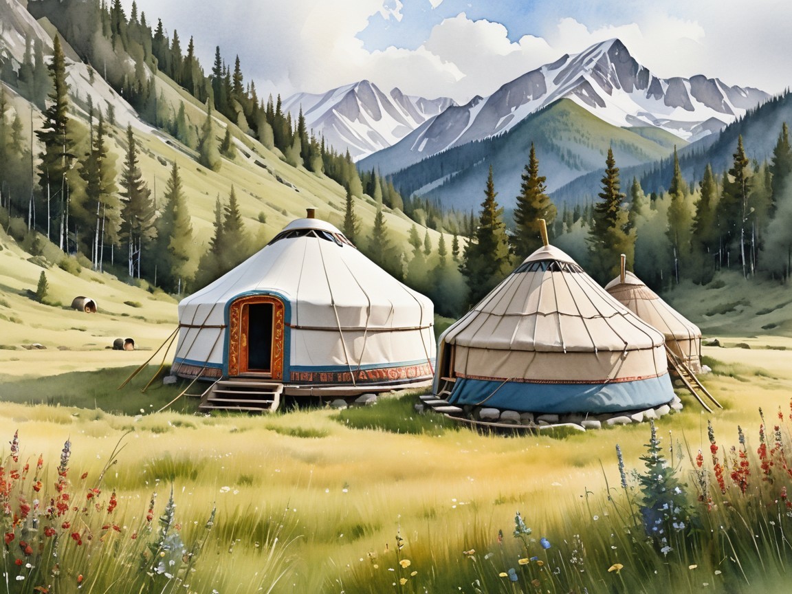 Serene Landscape with Yurts in a Lush Valley
