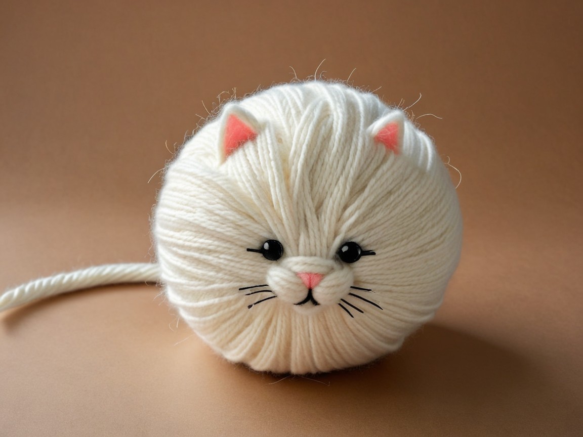 Fluffy White Yarn Cat with Cute Facial Features