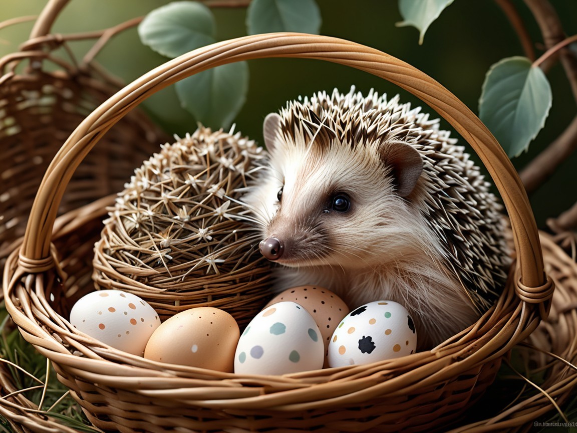 Hedgehog in Basket Surrounded by Decorative Eggs
