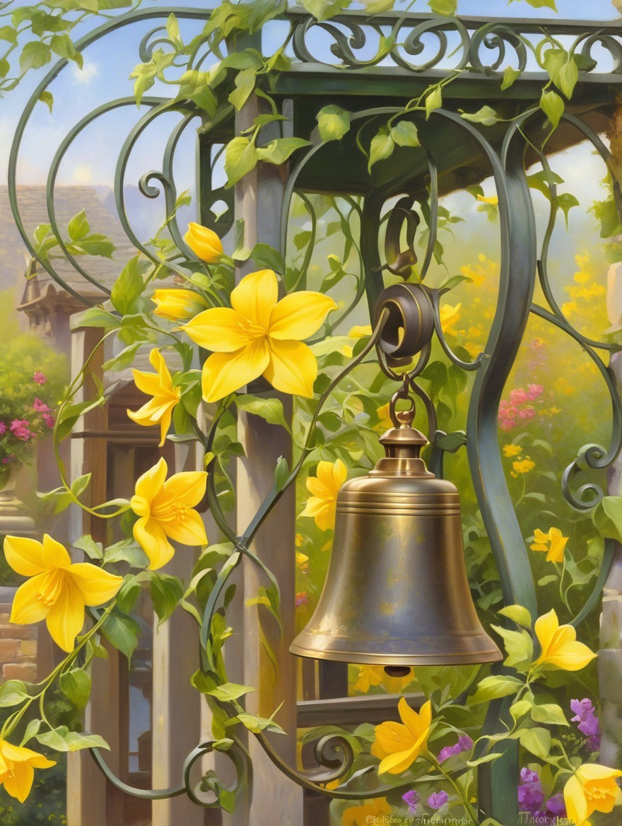 Charming Garden Scene with Bronze Bell and Vines