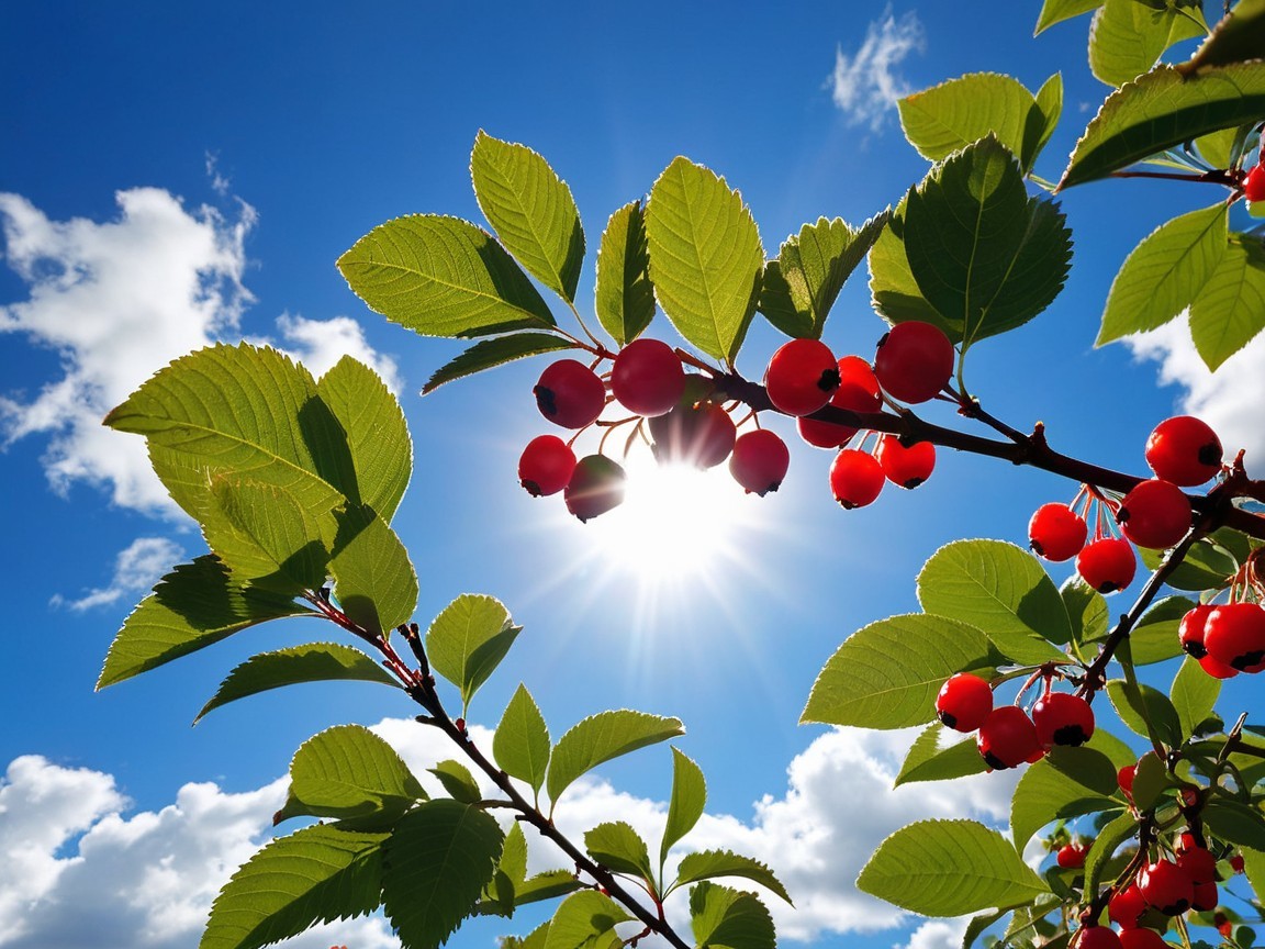Vibrant Branch with Red Berries Against Sunlit Sky
