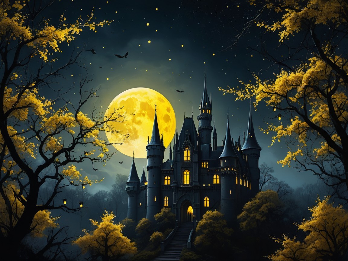 Majestic Castle in Enchanted Forest at Night