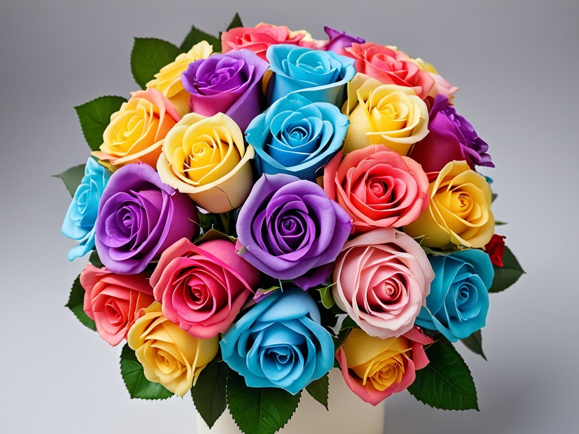 Vibrant Multi-Colored Rose Bouquet with Green Leaves
