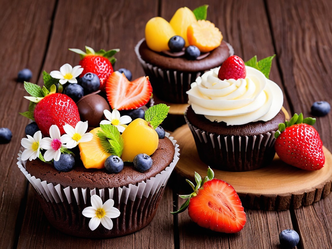 Chocolate Cupcakes with Fruit and Floral Toppings