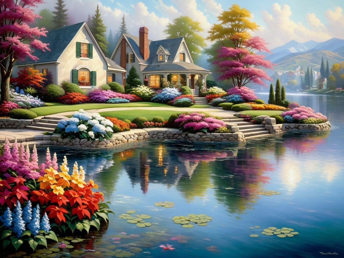 Charming House by a Serene Lake Surrounded by Flowers