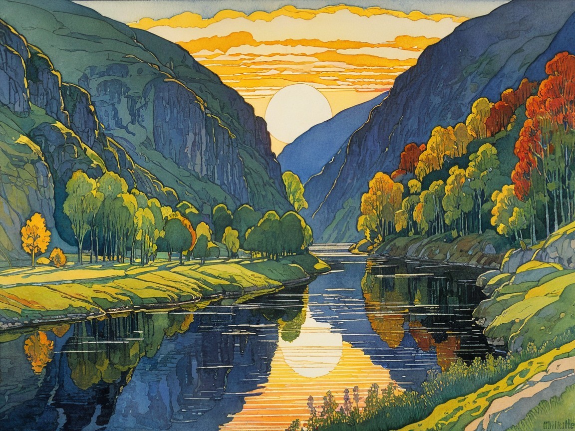 Watercolor Painting of a Valley at Sunset with River