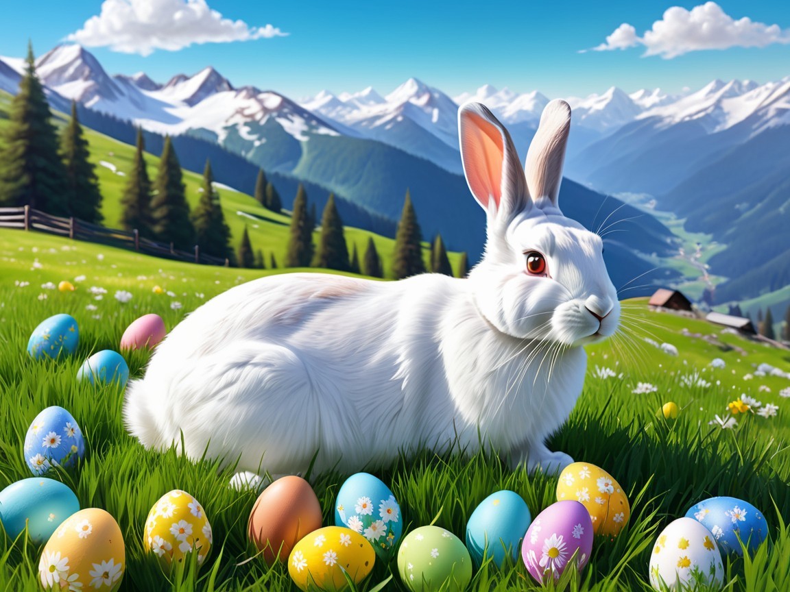 Serene Landscape with Rabbit and Colorful Easter Eggs
