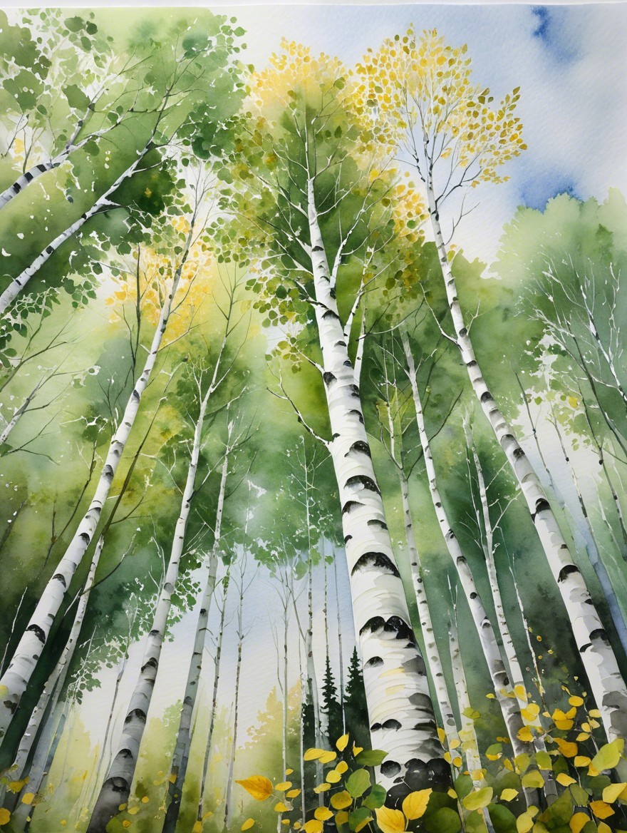 Watercolor Painting of Birch Trees in Tranquil Setting