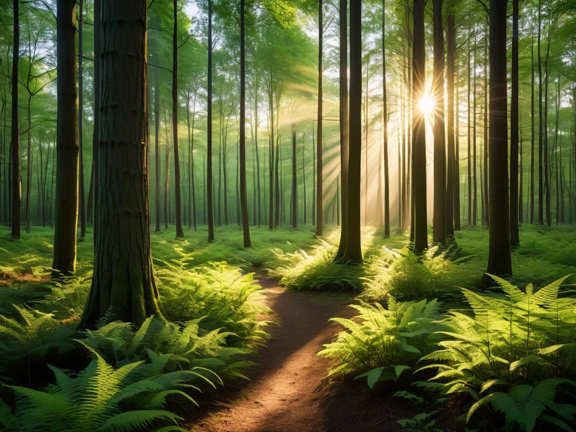 Serene forest scene with sunlight and lush ferns