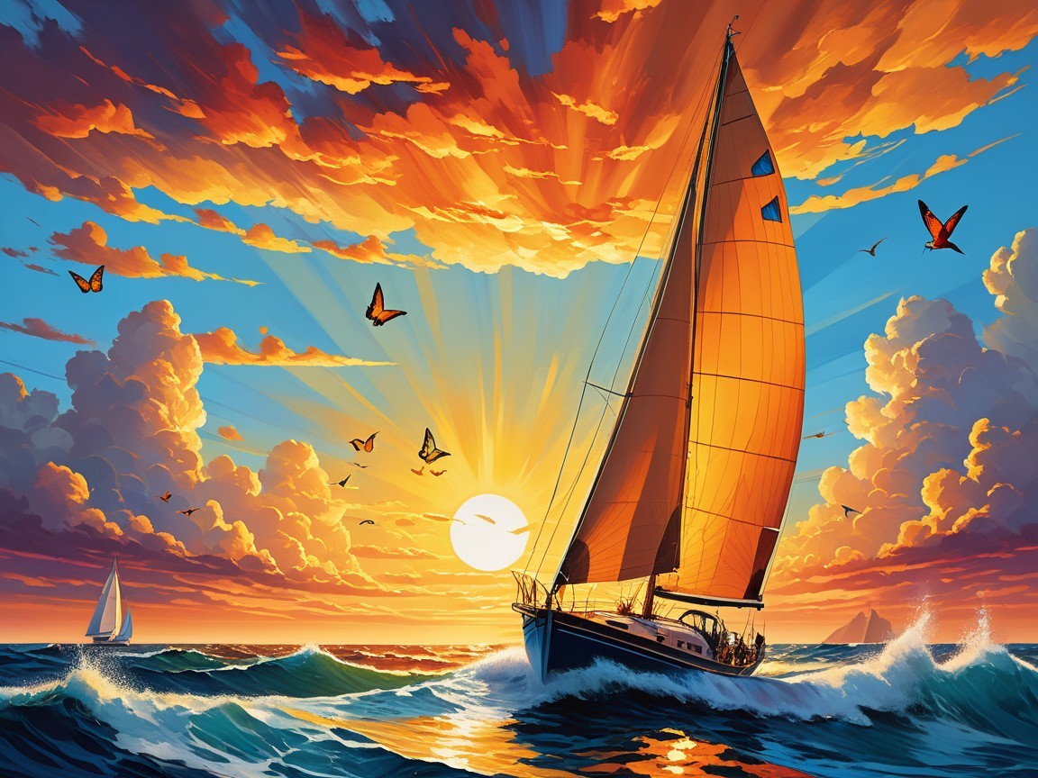 Sailboat on Vibrant Waters at Sunset with Butterflies