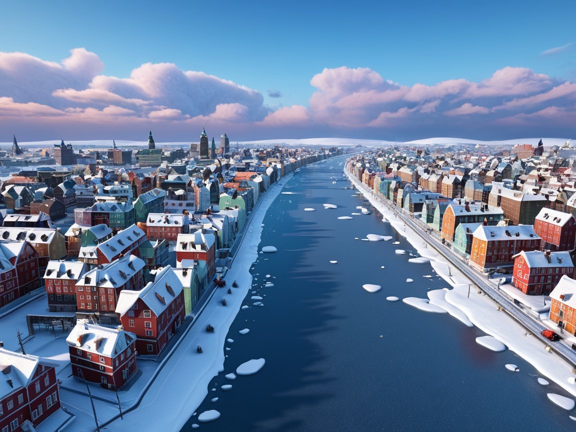 Imaginary Winter Town with Colorful Houses and River