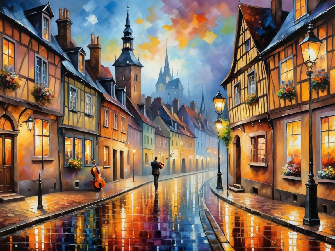 Whimsical Town Watercolor at Dusk with Musicians