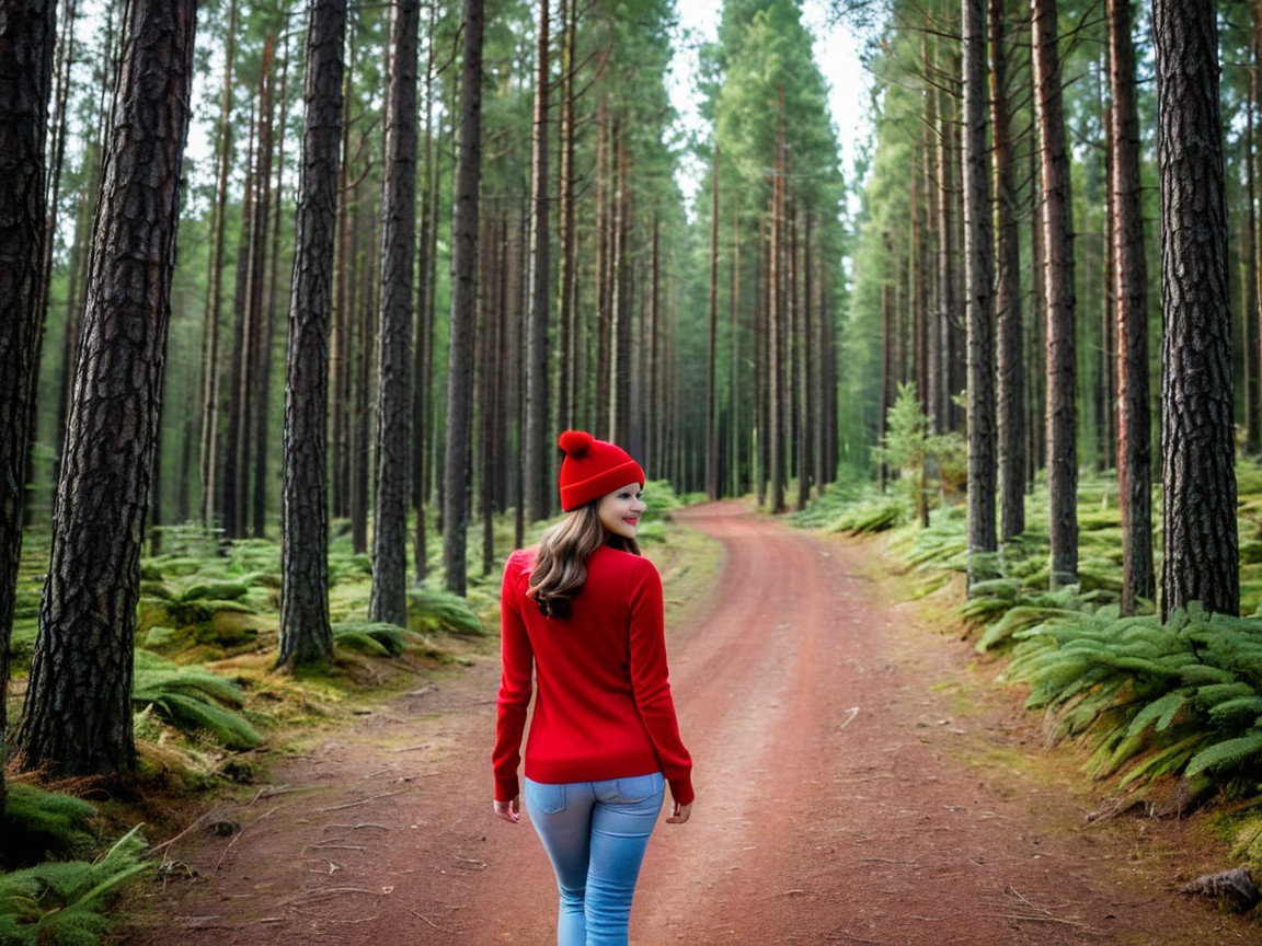 Young Woman on Forest Path in Vibrant Attire