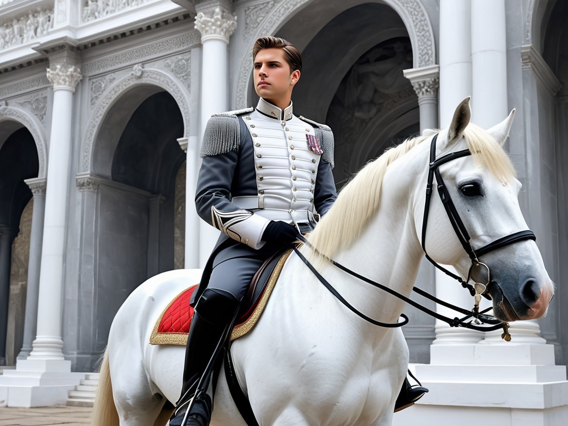 Young man in military uniform on a white horse
