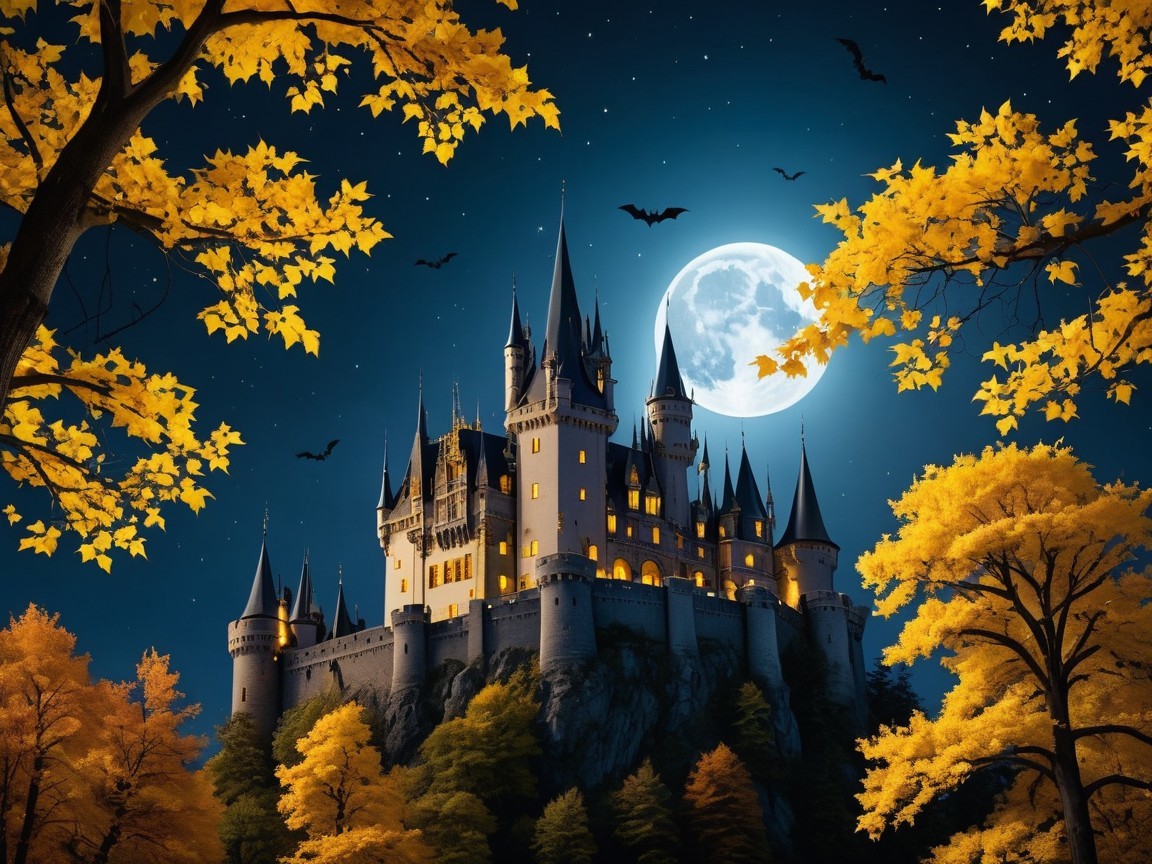 Majestic castle illuminated by a full moon at night