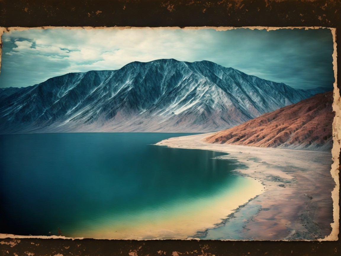 Serene Landscape with Water, Sandy Shore, and Mountains