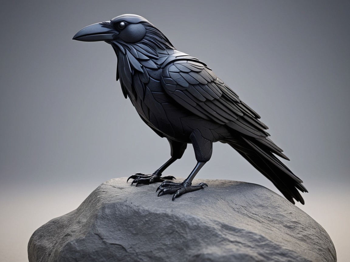 Black Raven Sculpture on Textured Rock Display