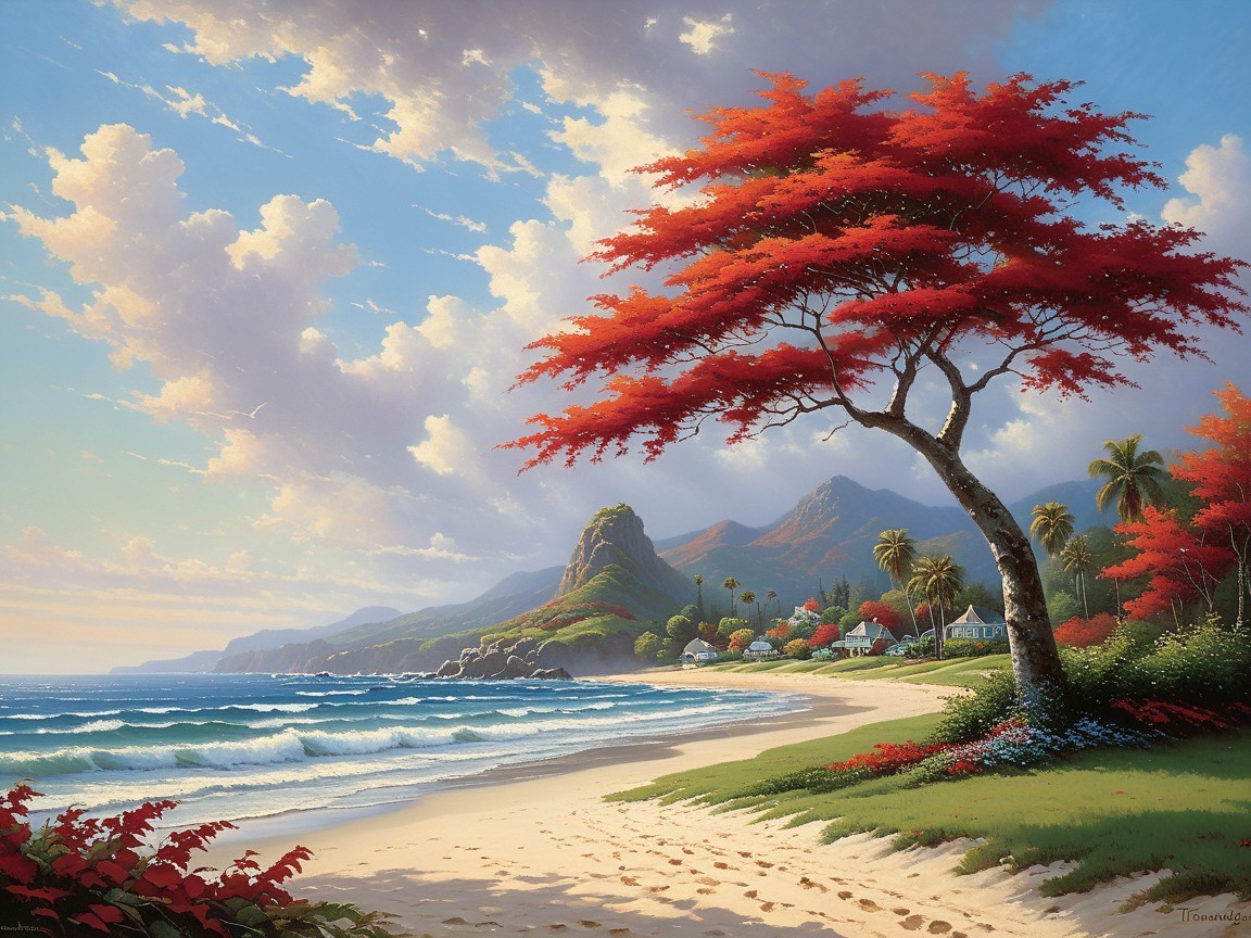 Serene Beach Scene with Vibrant Nature Elements