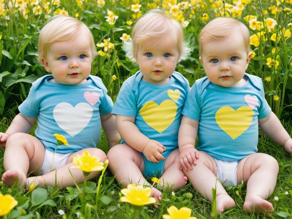 Three Quadruplets in Onesies Among Green Grass and Flowers