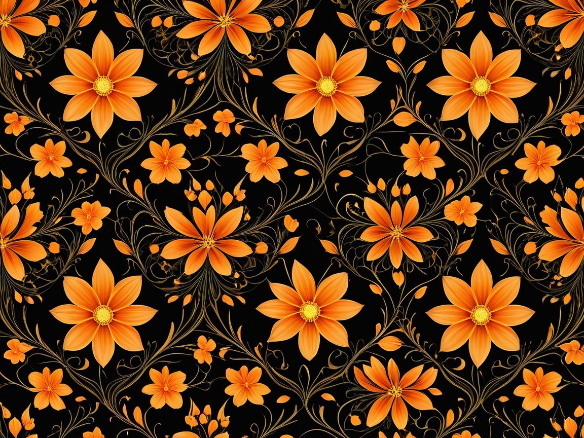 Seamless Pattern of Black Background with Orange Flowers
