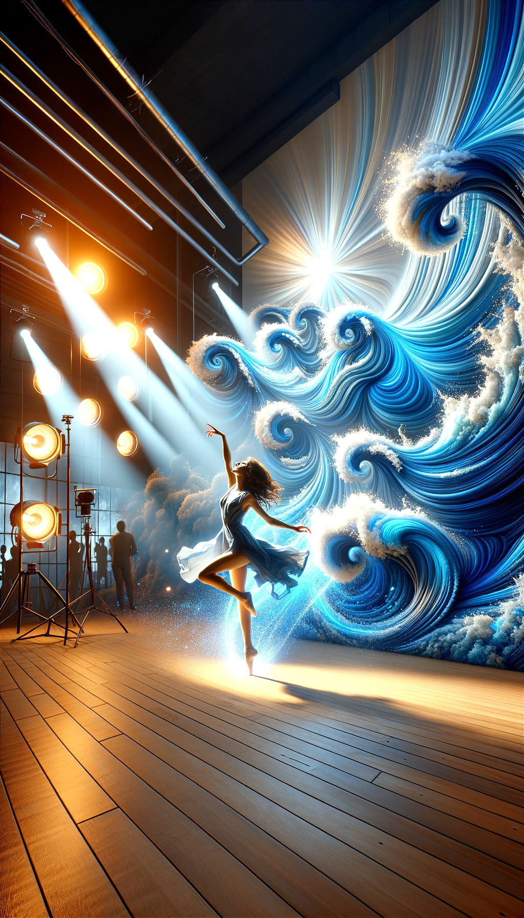 Person dancing on wooden floor with swirling waves and radiant light beams
