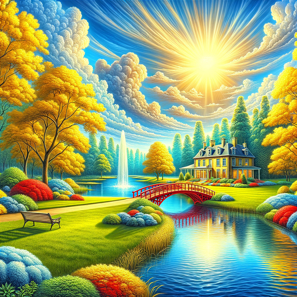Vibrant Landscape Featuring House by Lake and Fountain