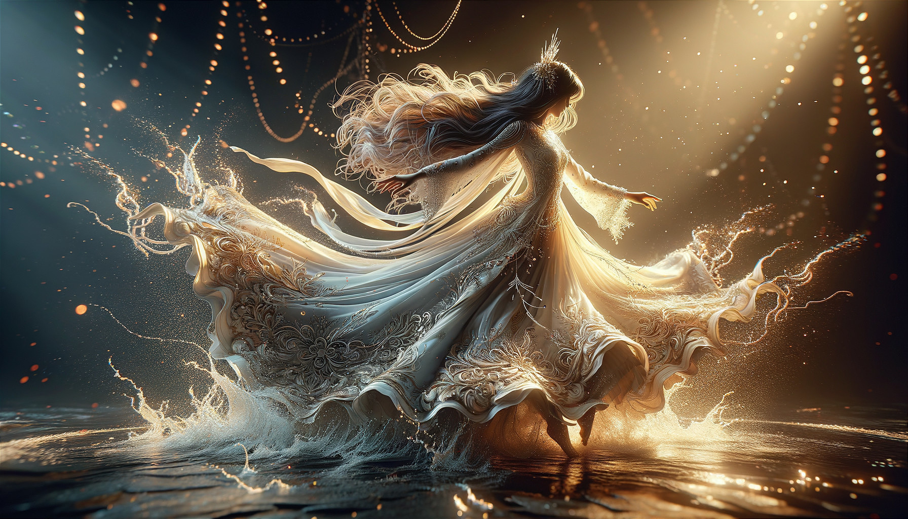 Elegant figure in gold gown dances amidst shimmering lights