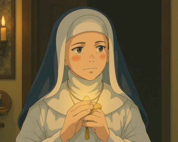 Animated Young Nun with Cross in Serene Setting