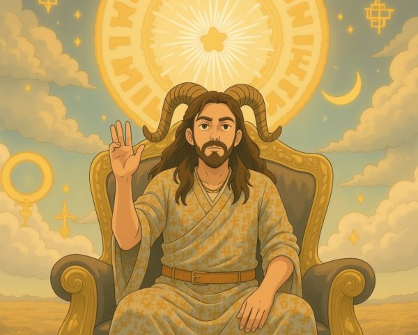 Serene Figure on Throne with Celestial Backdrop