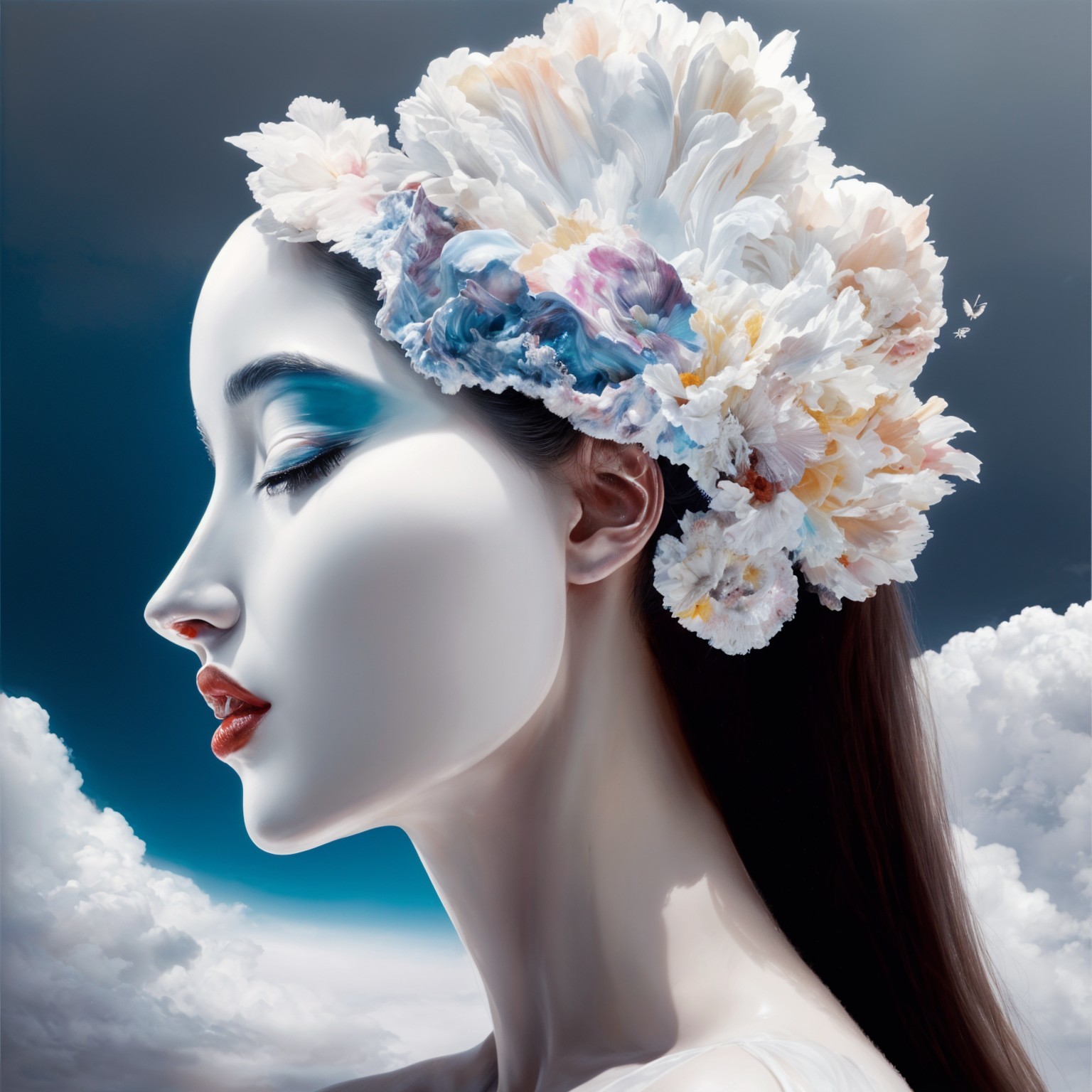 Woman with Floral Crown and Dreamy Sky Background