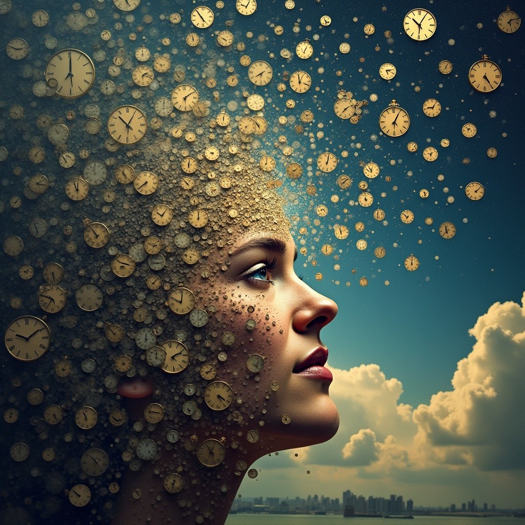 Surreal Illustration of Woman with Clocks and Skyline