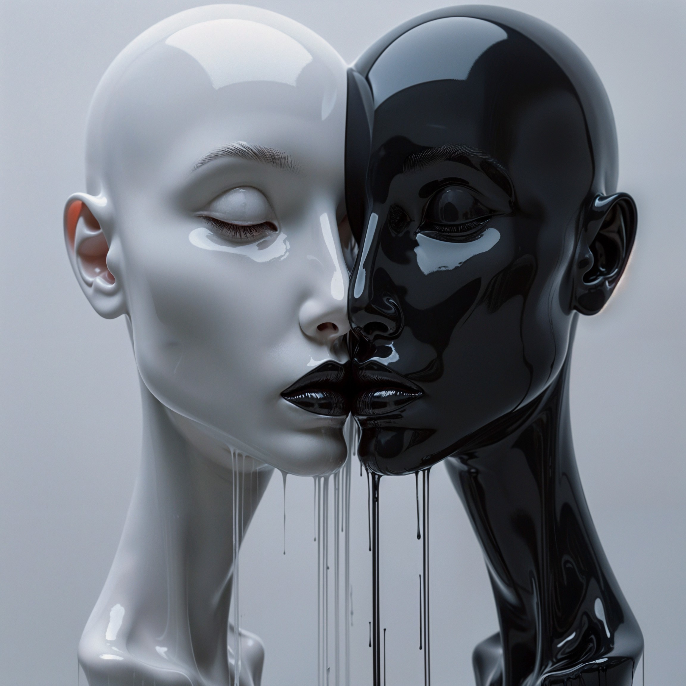 Glossy White and Black Mannequin Heads in Contrast