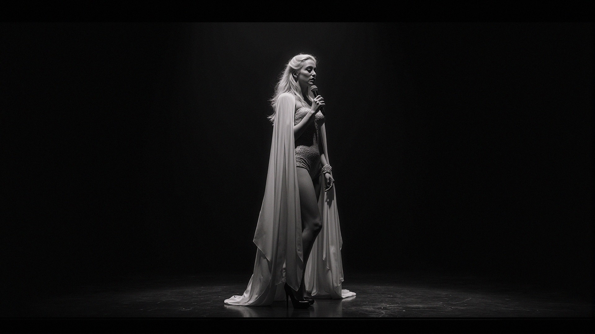 Black-and-White Image of a Figure on Stage
