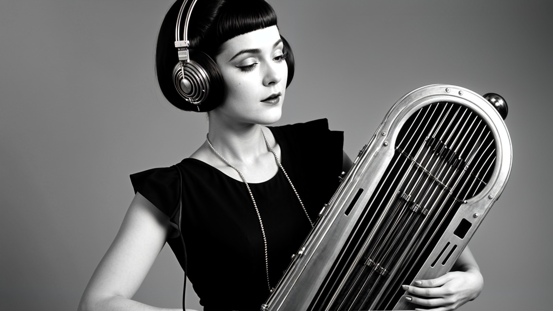 Stylish Woman with Headphones and Unique Instrument