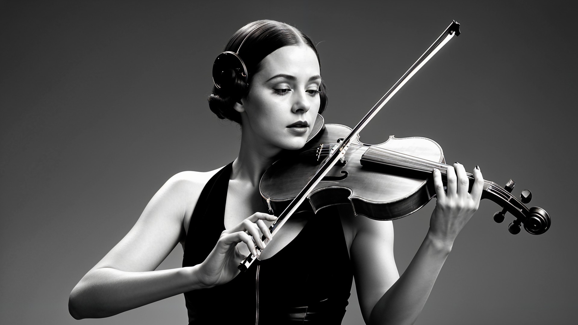 Woman Playing Violin in Black-and-White Setting