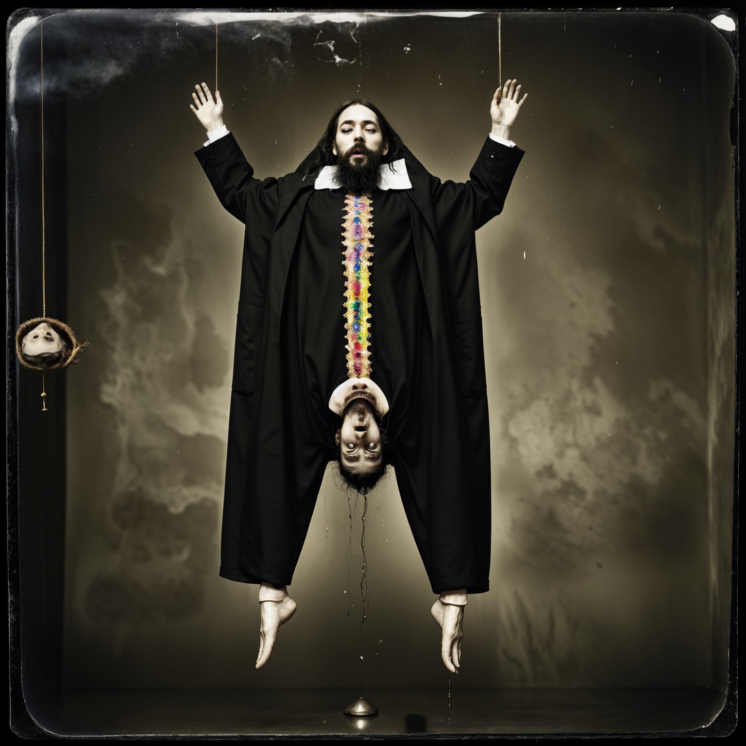 Surreal Composition of Upside Down Figure with Decorations