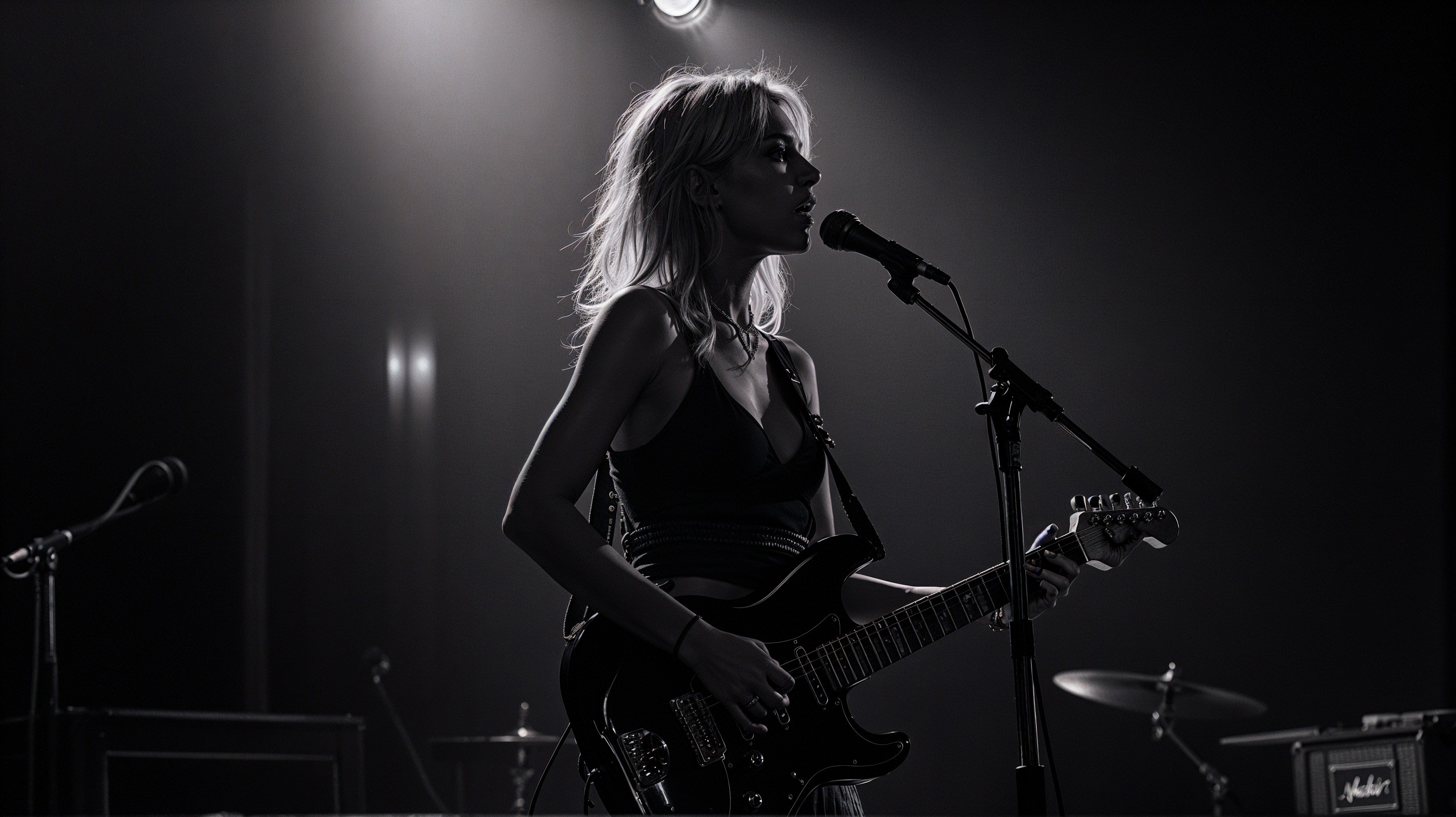 Female Musician Performing with Guitar in Dim Lighting