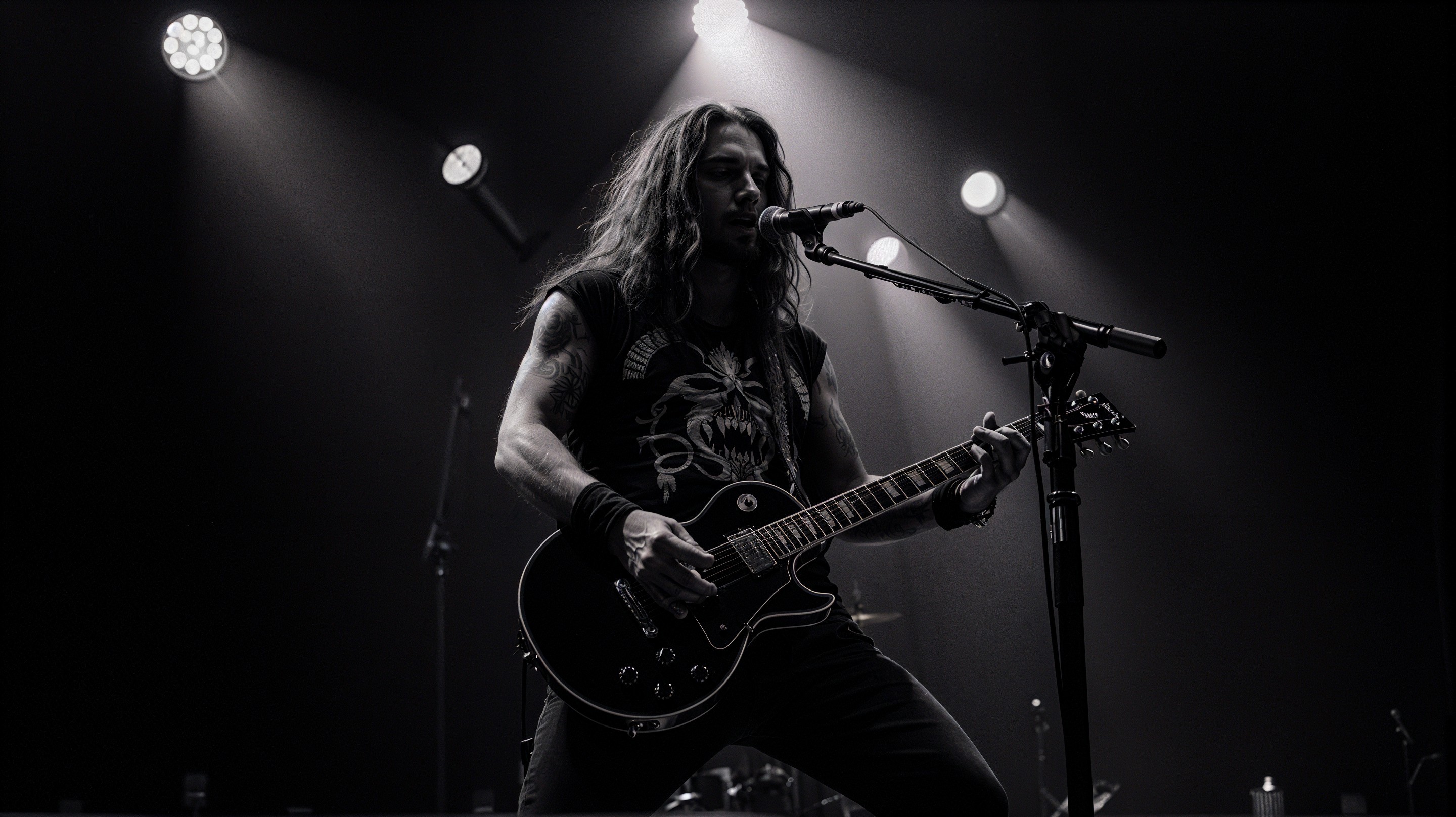 Guitarist in Skull Shirt Performs with Electric Guitar